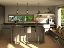 Fotorealistische Wohnküchen-Planung in Cubanitrgrau und schwarzer Dekton Laurent Keramik Arbeitsplatte vom Schreiner mit Sitzfenster, Eiche Sitzbank und darunter Stauraum, raumhohen Hochschränken und Kücheninsel mit Sitzmöglichkeit