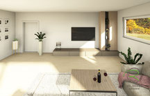 Fotorealistische 3D-CAD-Ausführungsplanung einer modernen TV-Wohnwand Lowboard in Fenix Grigio Londra und Wohnzimmerschrank in Echtholz Eiche furniert mit Anthraziten Glasfachböden