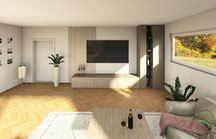 Fotorealistische 3D-CAD-Entwurfsplanung für eine Wohnzimmer TV Schrankwand mit niedrigem Lowboard Eiche und raumhoher Schrankwand in grau-braun 