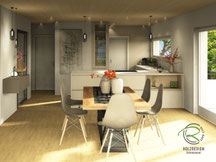 Fotorealistische L-Küchenplanung in 3D mit raumhohen Schränken und Vitrine nach Steißlingen, maßgefertigte Schreinerküche in Kaschmirgrau und weißer Dekton Keramik Arbeitsplatte mit offenem Regal in der Insel