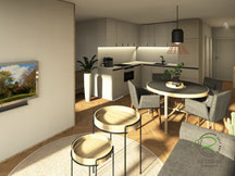 Fotorealistische Küchenplanung der kleinen L-Küche in weiß und beige mit kompakten E-Geräten, schwarzen Griffleisten, Spüle und Armatur, LED Arbeitsplatzbeleuchtung