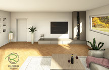 Fotorealistische 3D-CAD-Entwurfsplanung einer modernen TV-Wohnwand mit Lowboard in Eiche und Wohnzimmerschrank aufstehend auf Lowboard in Fenix Grigio Londra Wohnzimmerschrank mit Anthraziten Glasfachböden
