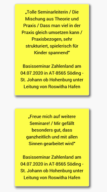27.7.2020: Rückmeldungen der PädagogInnen zum Seminar Zahlenland 1 von Roswitha Hafen wurden in Deutschland online gestellt!