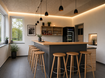 Maßgefertigte Gastronomie-Bartheke mit Eiche-Arbeitsplatte, Barhockern, Getränkekühlschrank und indirekter Beleuchtung für einen Sportverein in Geisingen-Kirchen-Hausen