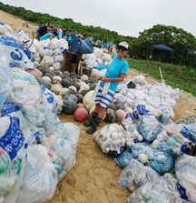 おびただしい漂流ゴミが流れ着いた平野海岸(3月4日)。一度で対応できず翌5日にも作業を行った(平久保灯台近く、提供写真)