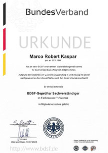 Mitgliedsurkunde für den Bdsf e.V.