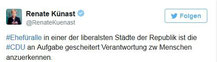 Twitter Renate Künast zu Ergebnis Mitgliederbefragung der CDUBerlin zur "Homo-Ehe". Screenshot: Helga Karl