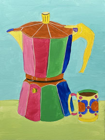 Kleurrijk schilderij van een koffiepot geschilderd door een van de vriendinnen tijdens hun creatieve uitjes Sip&Paint in Breda. 