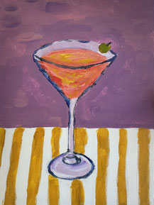 Een cocktailglas en een eend, vrolijke doeken gecreëerd tijdens de babyshower workshop in Breda. ● Vriendinnen schilderen samen een bijzonder thema voor de aanstaande baby tijdens de schilderworkshop in Breda. Het leukste babyshower uitje!