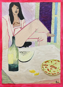 Een hip en trendy schilderij van een vrouw met felle kleuren en eten gemaakt tijdens een creatieve workshop vriendinnendag in Breda