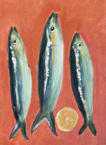 Een vrolijk schilderij van het populaire onderwerp sardines gemaakt tijdens een gezellige workshop schilderen in Breda