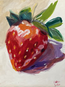 Fantastisch gelukt schilderij van een aardbei geschilderd door een collega tijdens een teambuilding activiteit in Breda. 
