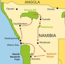 Karte Namibia geführte Reise 12 Tage