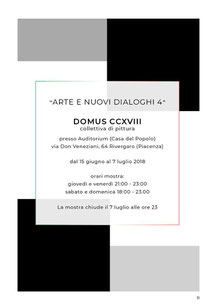 ARTRE E NUOVI DIALOGHI 4  DOMUS CCXVIII  collettiva di pittura   Rivergaro (PC) - Auditorium Casa del Popolo - Via don Veneziani 64   dal 15 giugno al 7 luglio  giovedì - venerdì dalle 21:00 alle 23:00  sabato - domenica dalle 18:00 alle 23:00