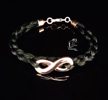 Armband aus Pferdehaar-RO08- 1 Strang rund geflochten mit Infinity Zeichen-Karabinerverschluss-Rose vergoldet 