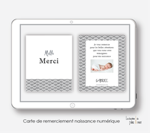  Carte de remerciements naissance garçon numérique-carte de remerciements garçon électronique-fichier Pdf-motif graphique -art déco-noir et blanc-à imprimer soi même-A envoyer via les réseaux sociaux whatsapp-messenger-facebook-mms et mail