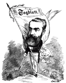 Moriz Szeps, Karikatur von László von Frecskay in der Satirezeitschrift 'Die Bombe',  22. Juli 1877