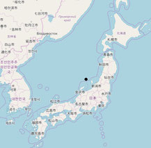 Map of Japan with the midpoint of Japan marked in black. This center point was calculated based on the latitude and longitude method