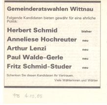 Inserat FB, 4. Okt. 1985