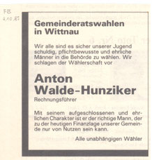 Inserat FB, 4. Okt. 1985