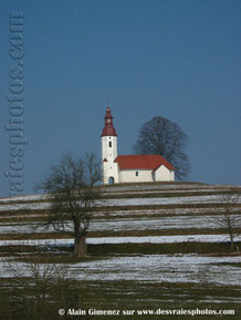 Slovénie,hiver,église,clocher,colline,arbres,ciel bleu