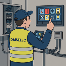 Technicien Daiselec en intervention sur un système GTB, tenant une tablette tactile affichant un tableau de bord dans un local technique industriel.