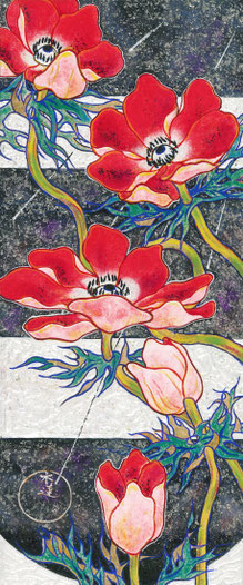 "Spring Fluttering Anemone" 37.2 x 15.5 cm Traditional Japanese Painting. Framed.