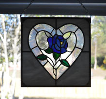 Stained Glass Blue Rose with Iridescent Heart Panel
