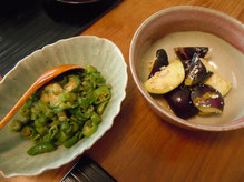 季節の野菜：自然農栽培の泉州水ナスの塩麹和えとししとうの味噌炒め