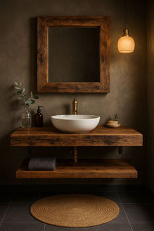 Schwebender Waschtisch SPA11 aus rustikaler Eiche Altholz mit starker Platte, Ablageboden und Aufsatzbecken – ideal für stilvolle Badezimmer.