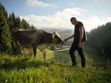 Landwirt steht bei seiner Kuh auf einer Almwiese