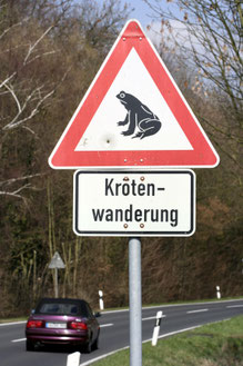 Warnschild zur Krötenwanderung. Foto: NABU/Helge May