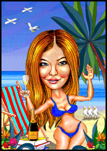 Karikaturen zeichnen lassen. Eine Dame mit Champagner am Strand.