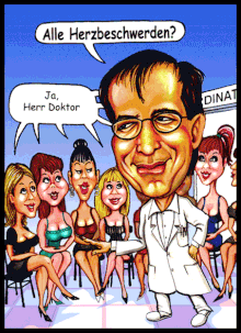 Karikaturen zeichnen lassen, der Kardiologe mit seinen Patientinnen.