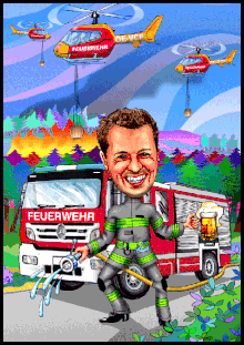 Karikatur zeichnen lassen, die Feuerwehr im Einsatz.