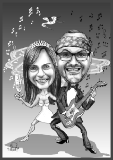 Ein Rockerpaar als Karikatur zur Hochzeit gezeichnet.
