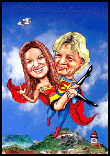Karikaturen zeichnen lassem, Superman mit Tochter über Graz.