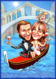 Ein Hochzeitspaar sitzt in eine Gondel in Venedig als Hochzeit Karikatur gezeichnet.