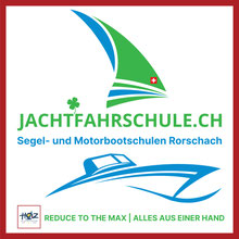 Logo der Jachtfahrschule Rorschach: Segel- und Motorbootschulen mit Schweizer Flagge – HOZ Konzept „Alles aus einer Hand“ und „Reduce to the Max“