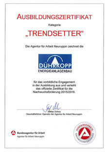 Ausbildungszertifikat in der Kategorie Trendsetter