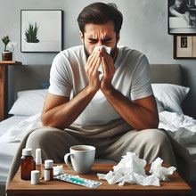 Bild eines kranken Mannes, der auf dem Bett sitzt und sich die Nase putzt. Vor ihm eine Tasse Tee sowie viele Tabletten und Hausmittel.