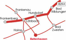 Anfahrtsskizze zum Gasthof "Zum Hohen Lohr" in Battenhausen; landschaftlich schön gelegen im Naturpark Kellerwald-Edersee in der nordhessischen Grimmheimat