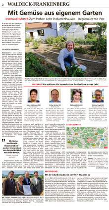 Zeitungsartikel in der HNA über den Gasthof "Zum Hohen Lohr" in Battenhausen; landschaftlich schön gelegen im Naturpark Kellerwald-Edersee in der nordhessischen Grimmheimat