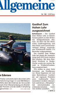 Zeitungsartikel in der HNA über den Gasthof "Zum Hohen Lohr" in Battenhausen; landschaftlich schön gelegen im Naturpark Kellerwald-Edersee in der nordhessischen Grimmheimat
