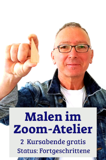 Selbstportrait mit einem Keil für Keilrahmen in der Hand. Schrift: Malen im Zoom Atelier