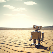 Ein Roboter steht allein in einer trostlosen Wüste, mit hängendem Kopf und enttäuschter Miene.