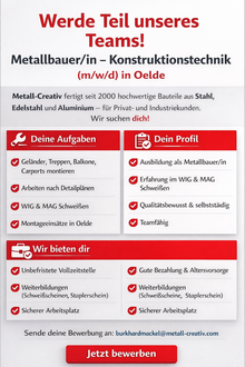 Metallbauer gesucht - unbefristete Stelle, Vollzeit, Weiterbildungsmöglichkeiten bei Metall-Creativ Oelde