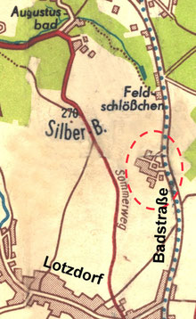 Das Ziegelwerk Radeberg Lotzdorf, Lage an der Badstraße bzw. Glasstraße, Gebäude-Struktur um 1950. Grafik: Schönfuß