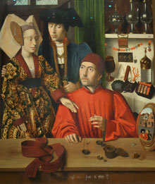 Detail: A Goldsmith in his Shop, c. 1450, Petrus Christus, Metropolitan Museum of Art. Photo: Epochs of Fashion - Fashion Dress Medieval Middle Ages