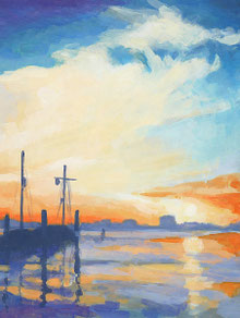 Acrylmalkurs am Montagabend 18 bis 20 Uhr in Hamburg-Bramfeld Acrylmalerei Malkurs mit Acrylfarben Sonnenuntergang in Oevelgoenne Himmel Wolken Wasser Elbe Blau Violett Orange Gelb Pastellfarben